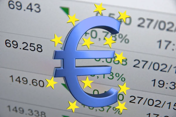 Euro sign with stars, financial data visible on the background.
