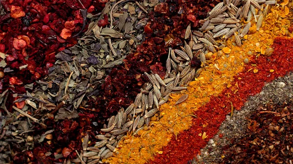 background texture of herbs seasoning spices from coriander, cumin, turmeric, dried tomato, sweet pepper, basil, jambil, black pepper