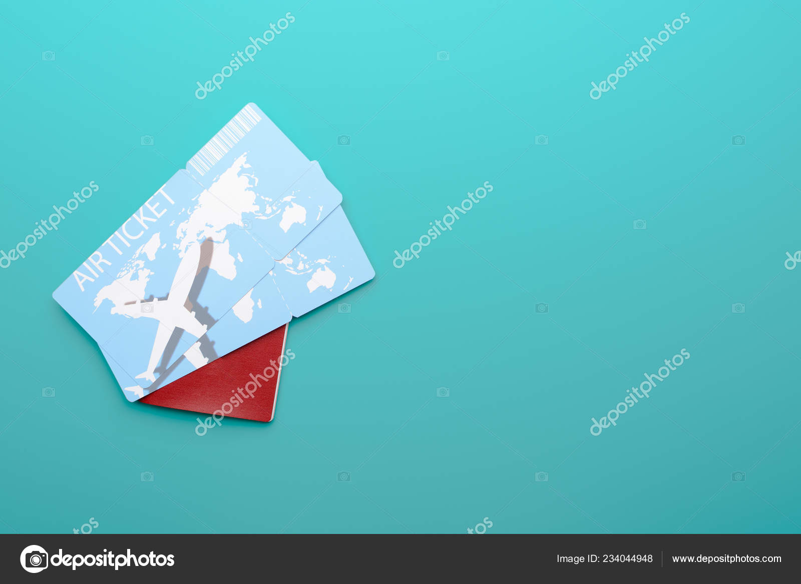 Two Plane Tickets Lying Passport Red Cover Left Side Turquoise Stock Photo C Ramif 234044948