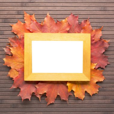 Boş çerçeve ve kırmızı sonbahar yaprakları yukarıda