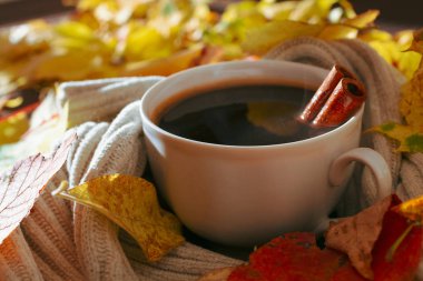 Güneş ışığında taze siyah kahve Kupası'nda Triko içinde oluşur ve düşmüş tarçın sopayla buğulaması yakın çekim yaprak 