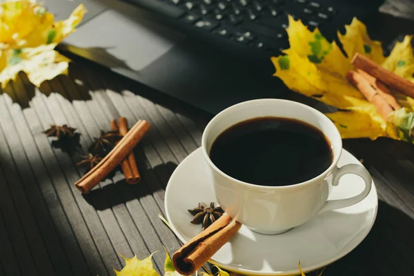 커피와 단풍나무와 향기로운 향미료의 테이블에 노트북의 나뭇잎 — 스톡 사진