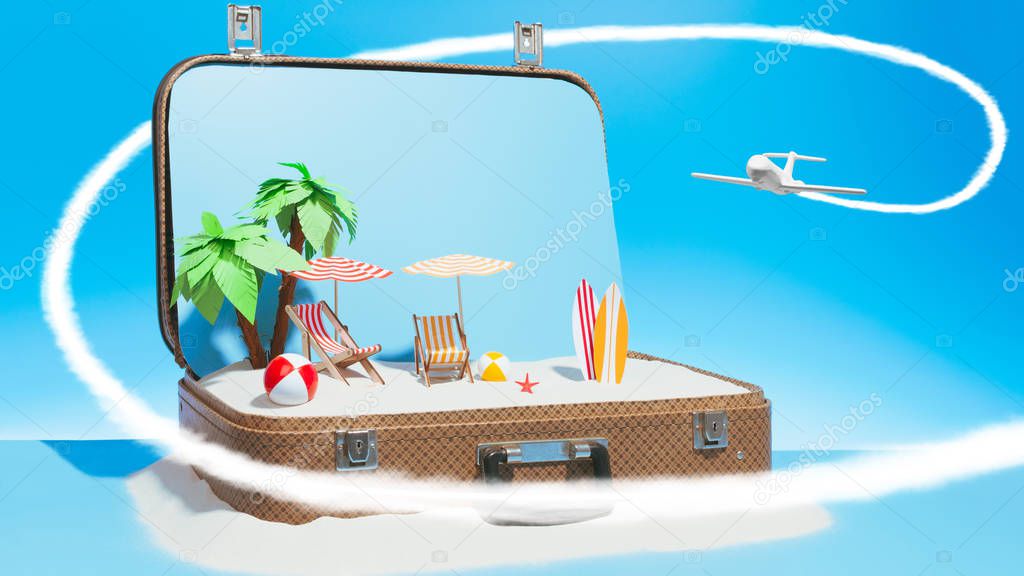 Illustration of airplane flying around summer resort in suitcase on blue background