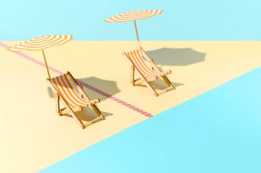 Güneş yataklı plaj ve şemsiyeli Coronavirus salgınından sonra.