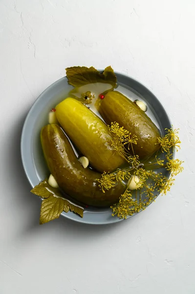 Gezond gefermenteerd voedsel. Gefermenteerde komkommers in een bord op een lichtgrijze ondergrond. — Stockfoto