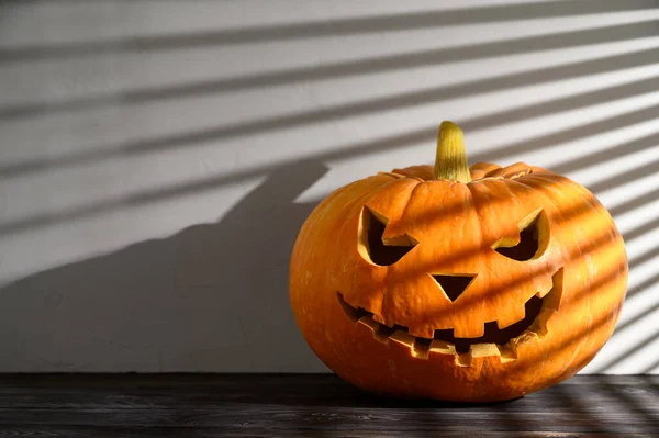 Halloween vakantie achtergrond. Spookachtige Halloween pompoen op tafel, verlicht door zonlicht door de jaloezieën. Schaduwen. — Stockfoto