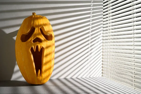 Halloween holiday background. Spooky Halloween pumpkin on the table, illuminated by sunlight through the blinds. Shadows. — Stock Photo, Image