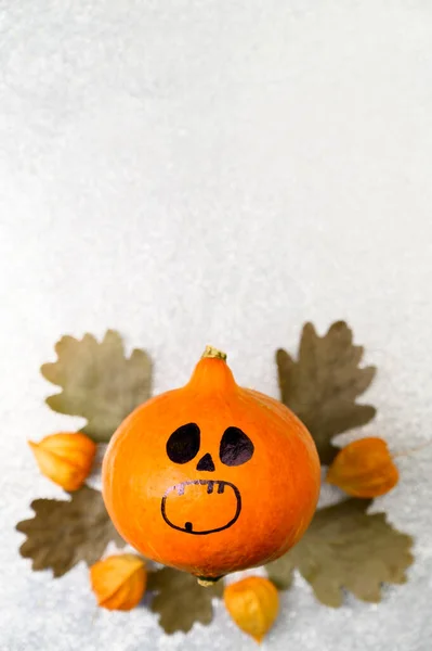 Top view Halloween pompoen met geschilderd gezicht en herfst decoraties op een glanzende zilveren achtergrond. — Stockfoto