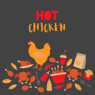 Tavuk et lokanta kavramı. Sıcak, baharatlı Asya, oryantal tadı. Düz vektör çizim kümesi. Etiket, kitapçık, afiş, kart, restoran menü, reklam tasarım.