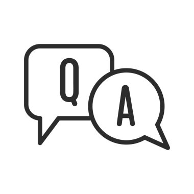 Sorular ve cevaplar ikonu, konuşma balonu, Q ve harflerle. Web sitelerinde, sosyal ağlarda, iş sayfalarında sıklıkla sorulan sorular için en az eğilim gösteren tasvirler