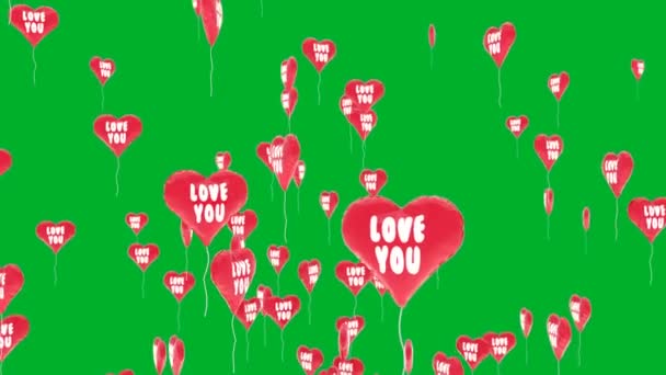 バレンタイン ハートの形とハートの風船の美しい アニメーションは 緑の彩度のキーの背景に対して飛ぶ このビデオは結婚式やバレンタインデーのイントロのためグリーティング カードのように使えます — ストック動画
