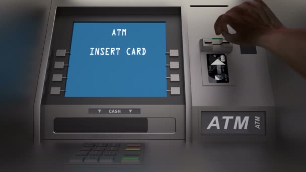 Klant invoegen kaart in de ATM en cheque saldo — Stockvideo