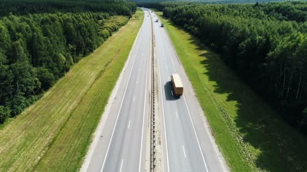 Вид с воздуха на федеральное шоссе через лес — стоковое видео