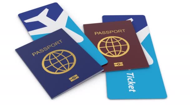 Billets d'avion entre les pages des passeports internationaux pour les voyages en avion — Video