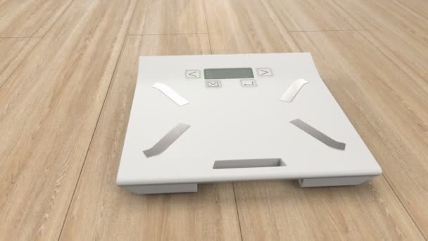 Взвешивание на белых весах и проверка избыточного веса, концепция снижения веса — стоковое видео