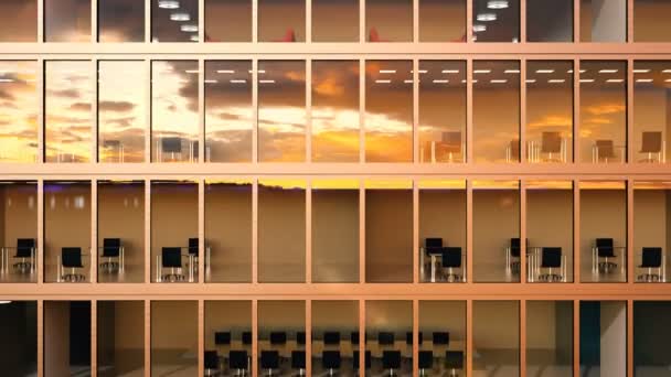 Zum Sonnenuntergang Wolken entlang von Fenstern von Bürogebäuden und modernen Wolkenkratzern, Schleife — Stockvideo