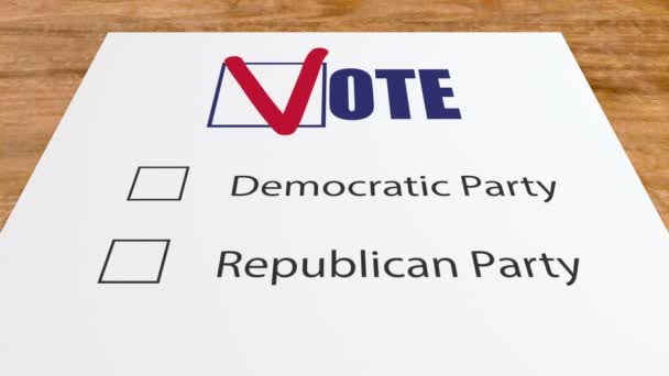 Tanda pemilih dengan pena biru satu checkbox pada surat suara untuk partai demokratis — Stok Video