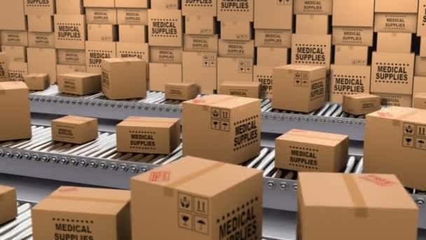 Kartonnen dozen met medische benodigdheden en donaties op de transportband — Stockvideo