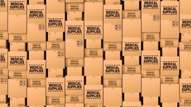 Gran cantidad de cajas de cartón con suministros médicos y donaciones en bucle — Vídeo de stock