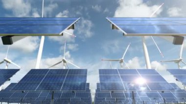 Güneş paneli hücreleri ve eko enerji çiftliğinde dönen rüzgar türbinleriyle animasyon