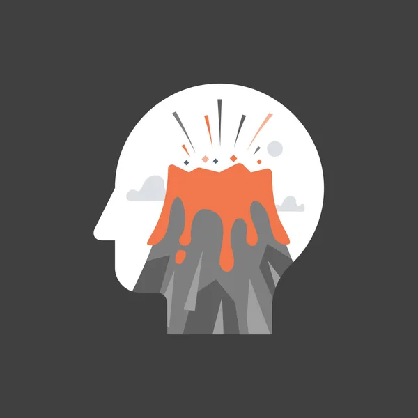 Feeling mental tension, destructive thoughts, experiencing stress, panic attack, hysteric behavior, volcano eruption in head — Stock Vector