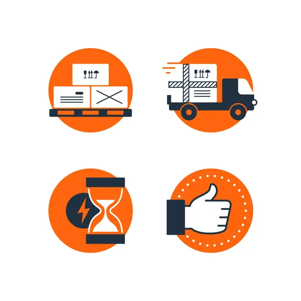 Delivery logistics services icons set, move boxes, loading truck, time — Stock Vector