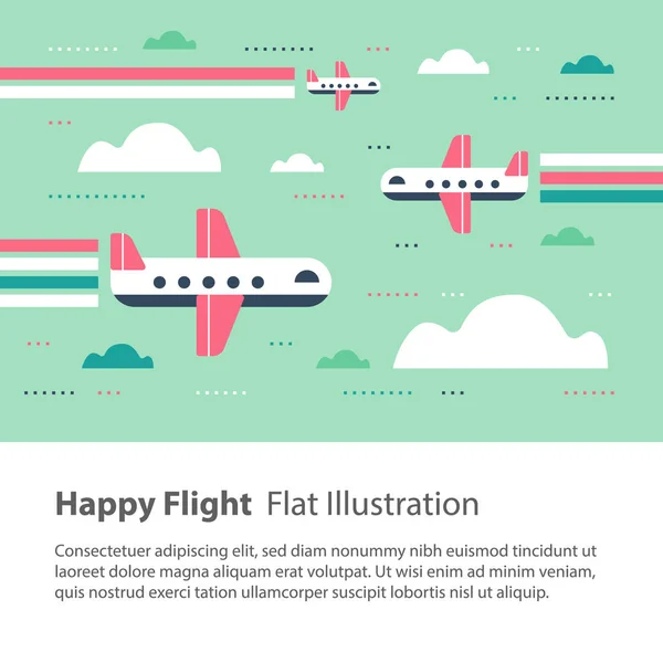 飞机在天空, 愉快的飞行, 平的例证, 飞行航空器与彩虹 — 图库矢量图片