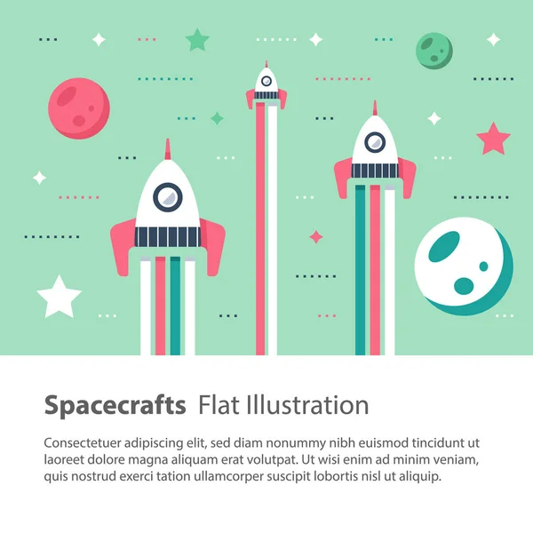 Spaceships flying in space among stars and planets, children flat illustration — Stock Vector