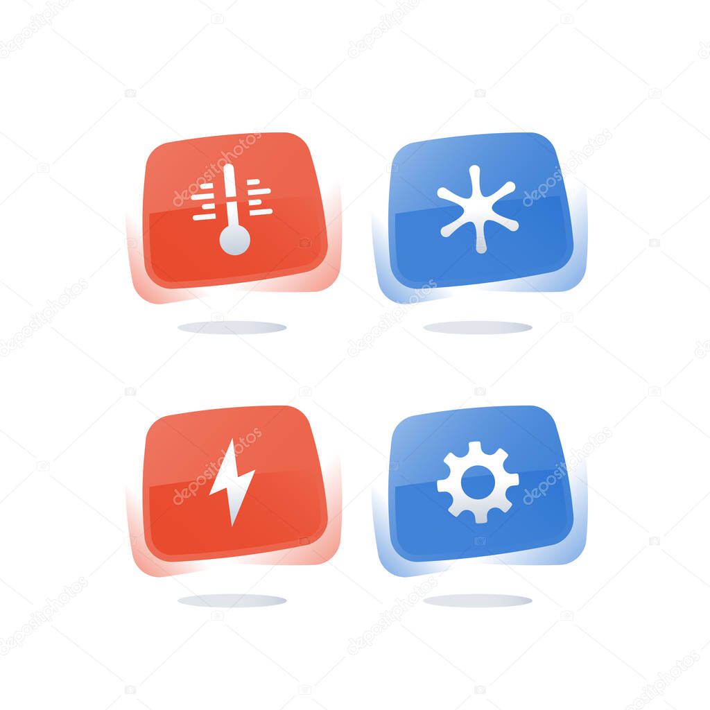 Hot and cold temperature, air conditioning, climate control, thermometer button, cooling and heating concept, snowflake sign, convection system, winter insulation, gear wheel settings, vector icon
