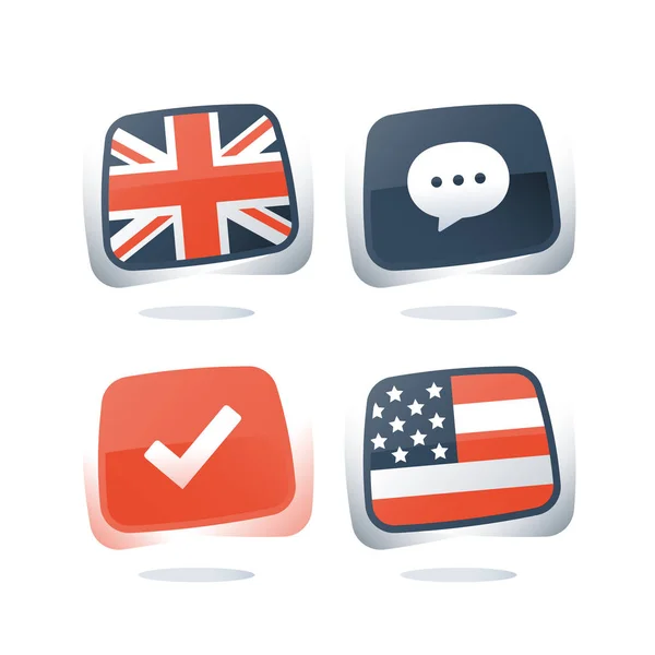 Britische und US-amerikanische Flaggen, englische und amerikanische Sprache, Sprachunterricht, Online-Kurs, Prüfungs- und Prüfungsvorbereitungsprogramm — Stockvektor