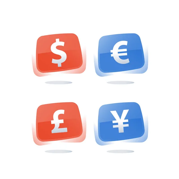 Taxa e câmbio de moeda financeira, sinal do dólar, símbolo do euro, libra esterlina, iene japonês, ícones vermelhos e azuis — Vetor de Stock