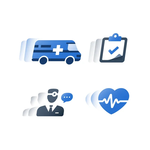 Hôpital médical services rapides, police d'assurance maladie, bilan de santé, consulter un médecin, examen cardiovasculaire — Image vectorielle