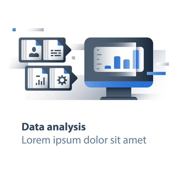 Collecte et traitement de l'information, analyse des mégadonnées, graphique de rapport, serveur de données, technologie métier — Image vectorielle