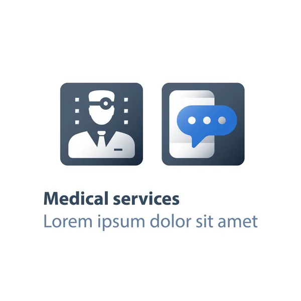 Contact dokter online, overleg met arts door telefoongesprek, medische diensten, gezondheidszorg, praten met specialist — Stockvector