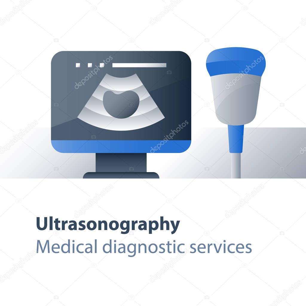 Ultrasound investigation, ultrasonography concept, focused abdominal sonogram for trauma, medical examination, preventive procedure, health check up, kidney diagnosis, vector flat icon