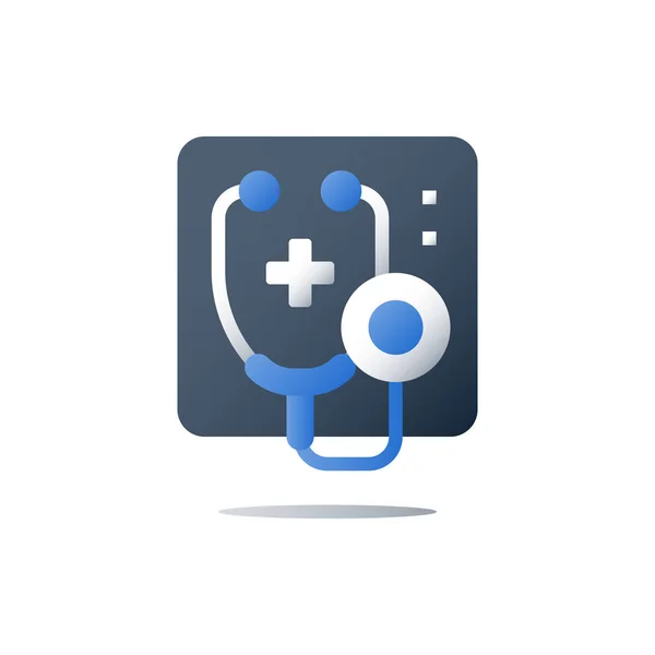 Preventive medical examination, stethoscope icon, health care insurance, medical services, health check up — стоковый вектор
