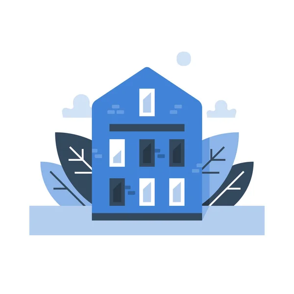 Quartier résidentiel, maison mitoyenne en brique, maison douce, bâtiment bleu extérieur, concept immobilier — Image vectorielle