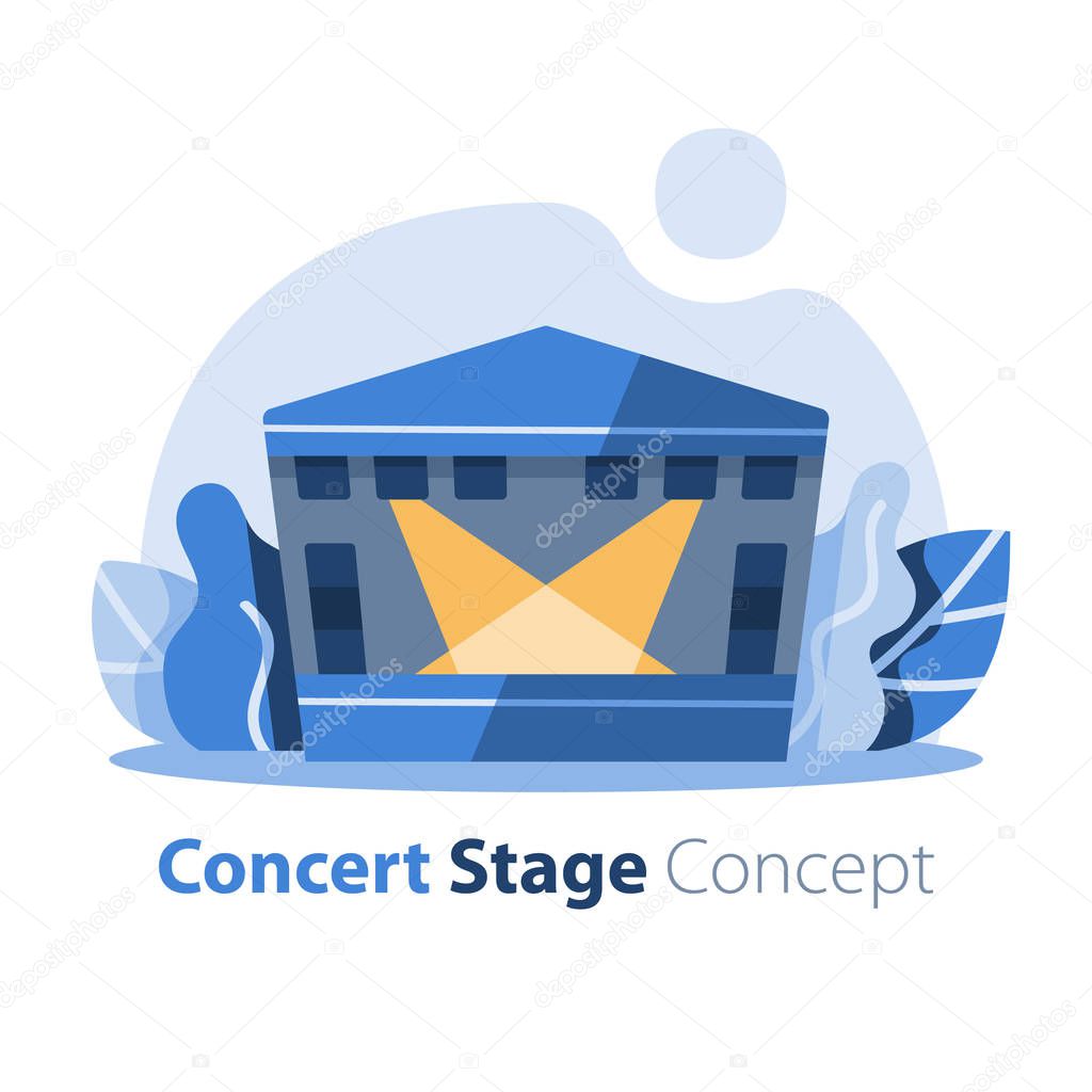 Music festival, outdoor concert stage with gabled roof, entertainment performance, festive event arrangement