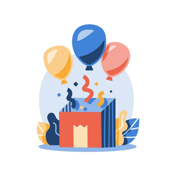 Celebración de cumpleaños, caja de regalo abierta con globos aéreos y confeti, regalo sorprendente, evento de fiesta para niños, concepto de deleite — Vector de stock