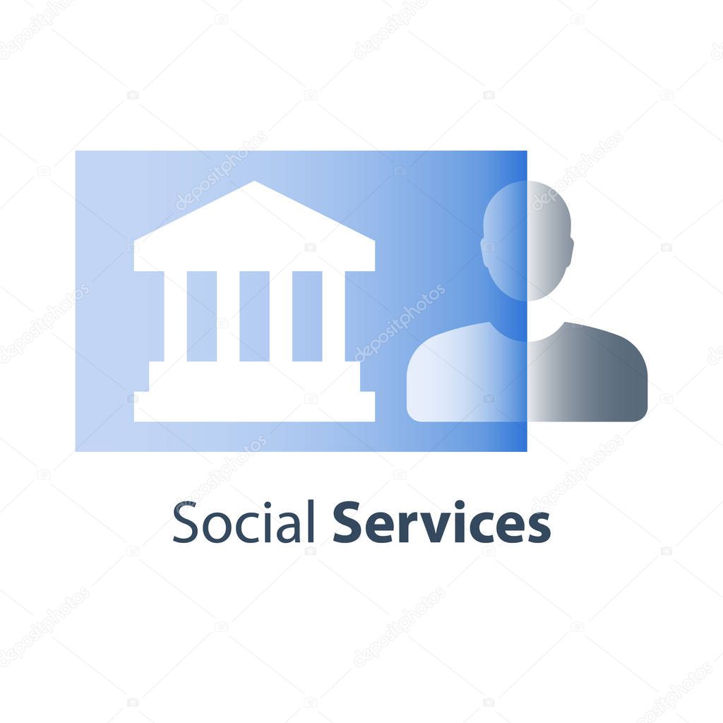 Social services, online resources, legal procedure, court house and justice, public building, civil rights, institution concept, unemployment center, municipal program, vector flat icon