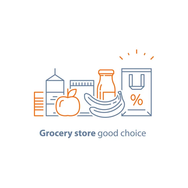 Gıda seçim bereket, bakkal yiyecek ve içecek, ürünler, tüketim kavramı, perakende mağaza sadakat programı, alışveriş torbası yığını — Stok Vektör