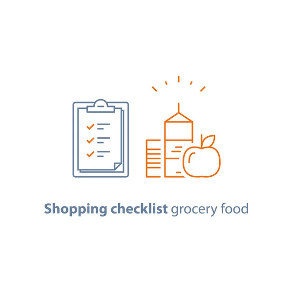Almacene el pedido de alimentos y bebidas, promoción oferta especial de comestibles, lista de verificación y portapapeles icono de línea de vectores — Vector de stock