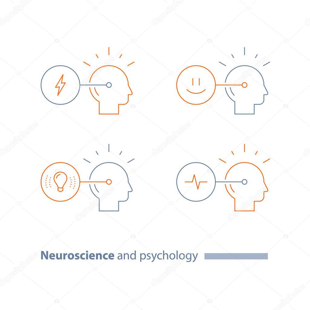 Emotional intelligence, bias concept, neuroscience and psychology, empathy, cognitive skills, creative thinking, positive mindset, therapy, vector line icon