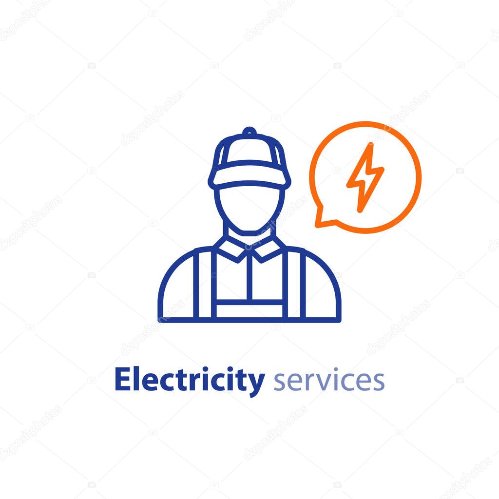 Electrician line icon, electricity services, electrical repairman, technician person, maintenance engineer, vector illustration