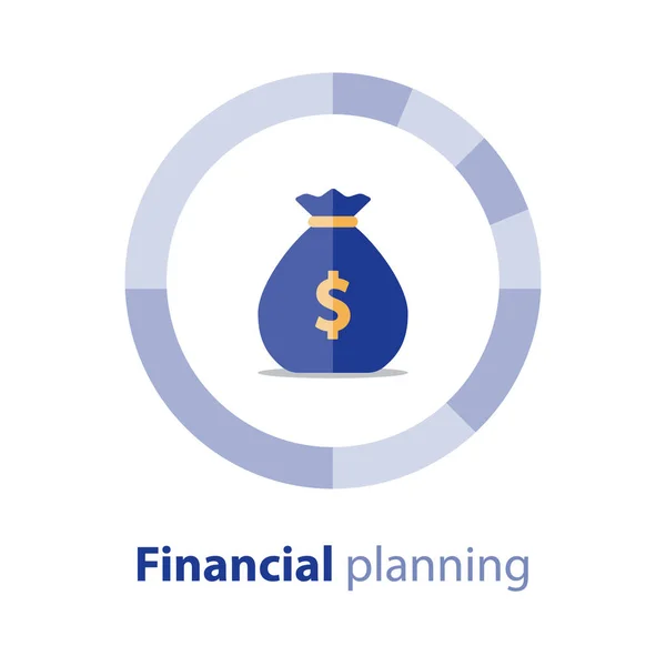 Diversificação financeira, plano de orçamento, diagrama de círculo, saco de dinheiro, conta poupança, ícone de vetor —  Vetores de Stock