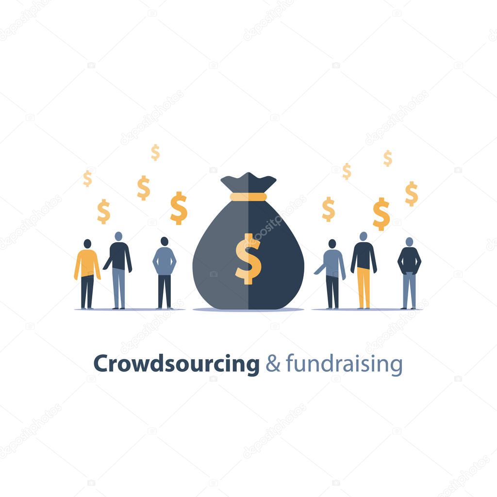 Fundraising campaign, crowdfunding concept, business meeting, group of people, vector illustration