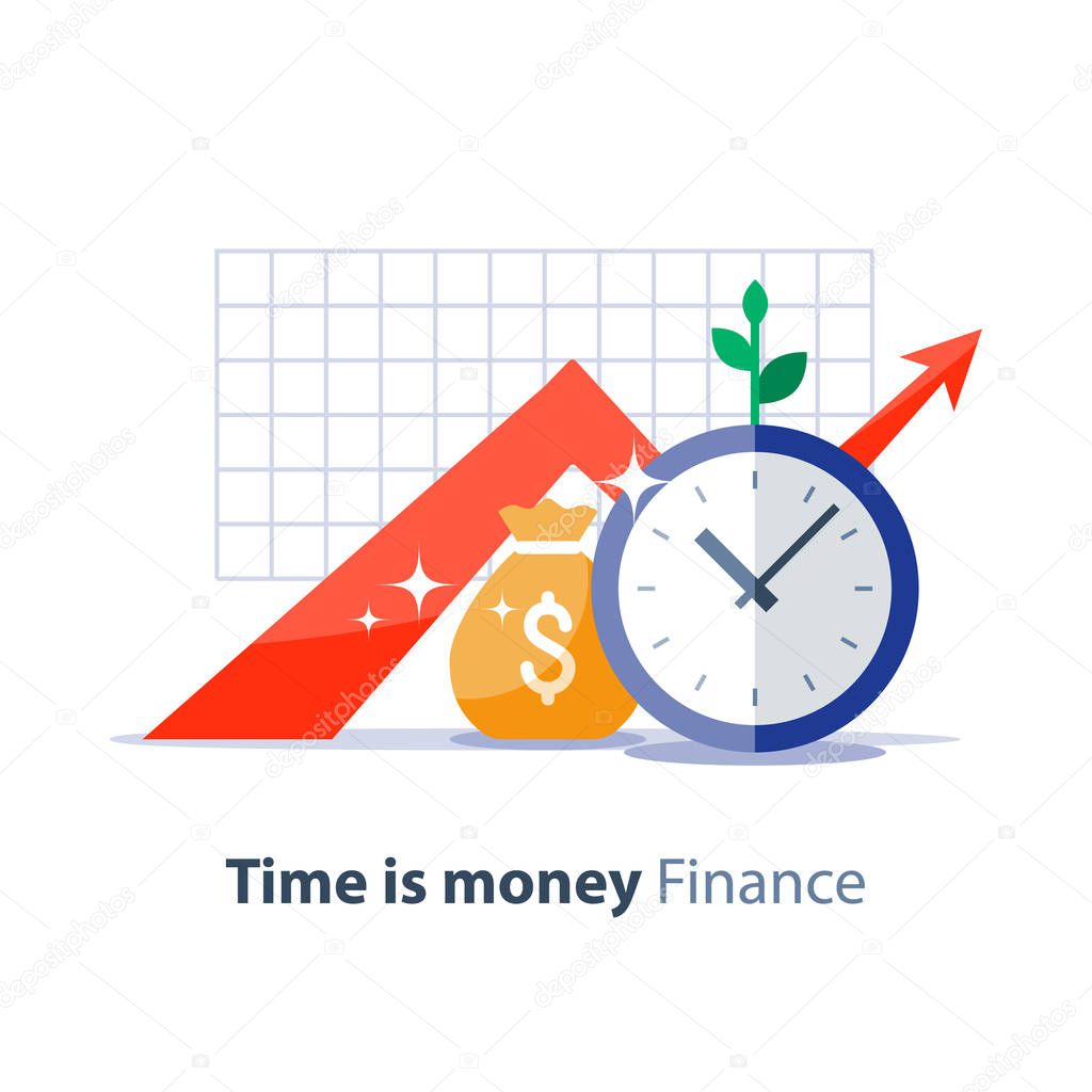 Future investment, time is money, pension fund, superannuation finance, money bag, vector illustration