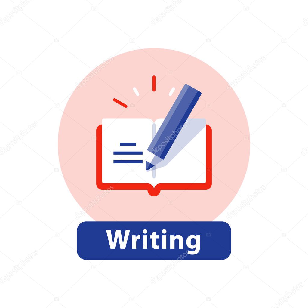 Creative writing and storytelling, education concept, opened book, school study, learning subject, book review summary, vector icon, flat illustration