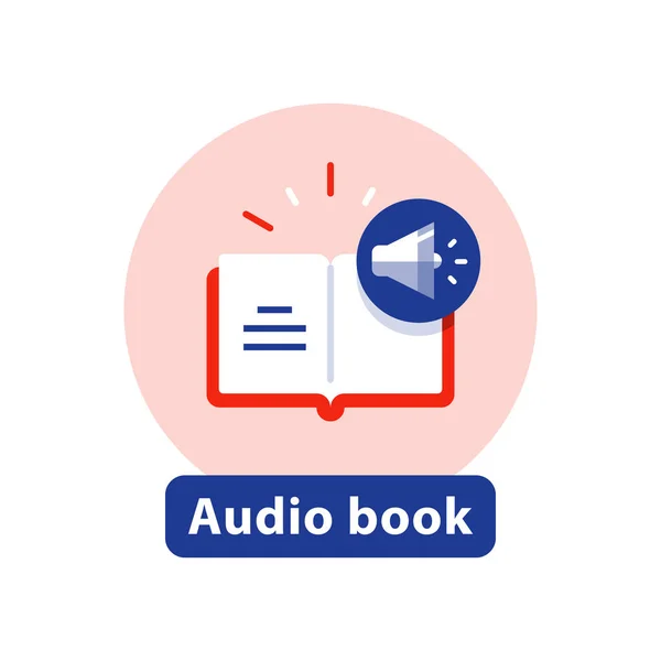 Escucha literatura, audio libro icono plano, libro abierto, ilustración vectorial — Archivo Imágenes Vectoriales