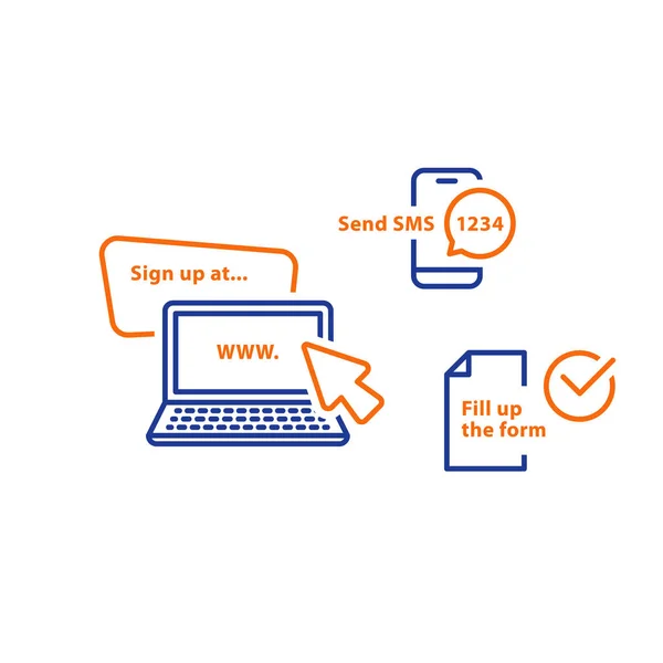 Recevoir une notification SMS, ordinateur portable avec curseur, envoyer un message téléphonique, soumettre un document, icônes de ligne — Image vectorielle
